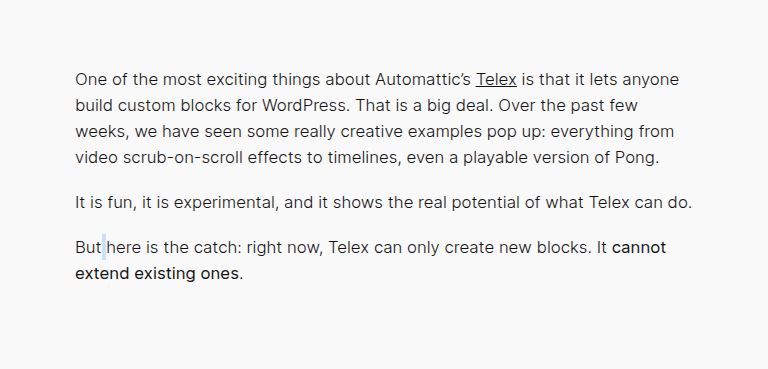 wpnewsio's tweet card. One of the most exciting things about Automattic’s Telex is that it lets anyone build custom blocks for WordPress. That is a big deal.