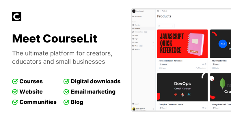 CourseLit's tweet card. Sell online courses and digital downloads from your own website