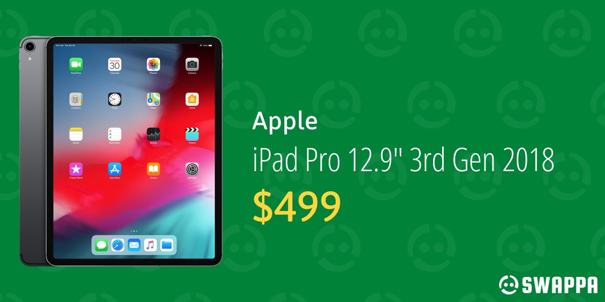 TimeCircuits_on's tweet card. For sale on Swappa: Apple iPad Pro 12.9" 3rd Gen 2018 - Wi-Fi, Gray, 256 GB, A1876 in Good condition for $500. Buy safely on Swappa and save time and money.
