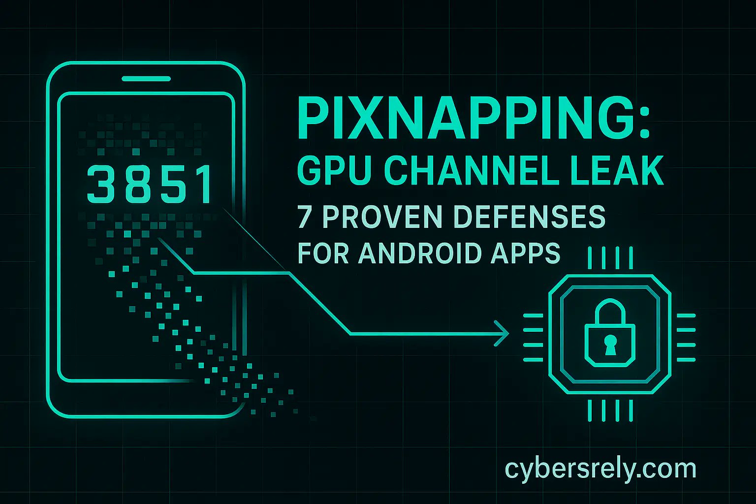 CybersRely's tweet card. Pixnapping Android exploit steals on-screen pixels (2FA, chats). Learn 7 defenses: secure surfaces, hardened compositing, driver gating, runtime checks.