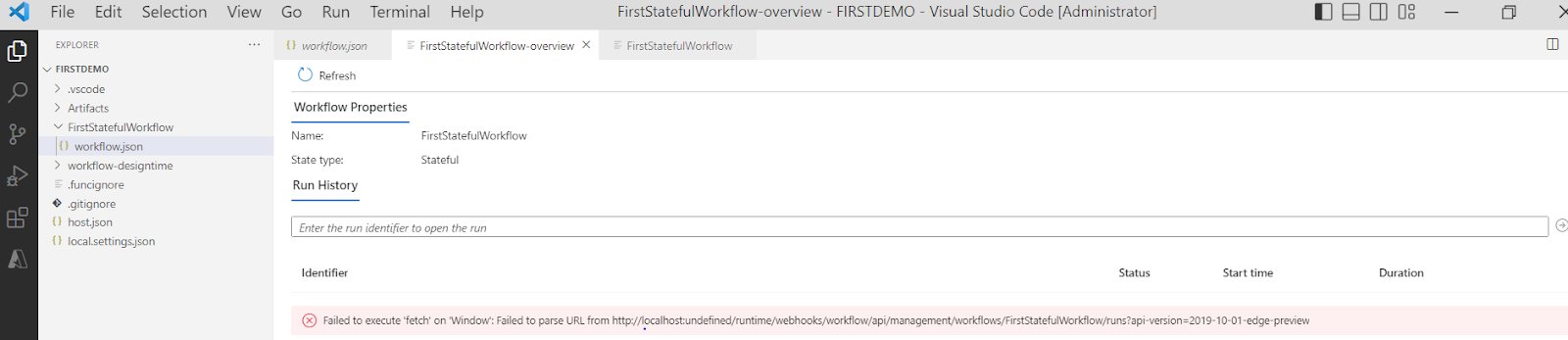 Savvy_mahesh's tweet card. Failed to execute 'fetch' on 'Window': Failed to parse URL from http://localhost:undefined,error when clicked on logic app standard workflow overview