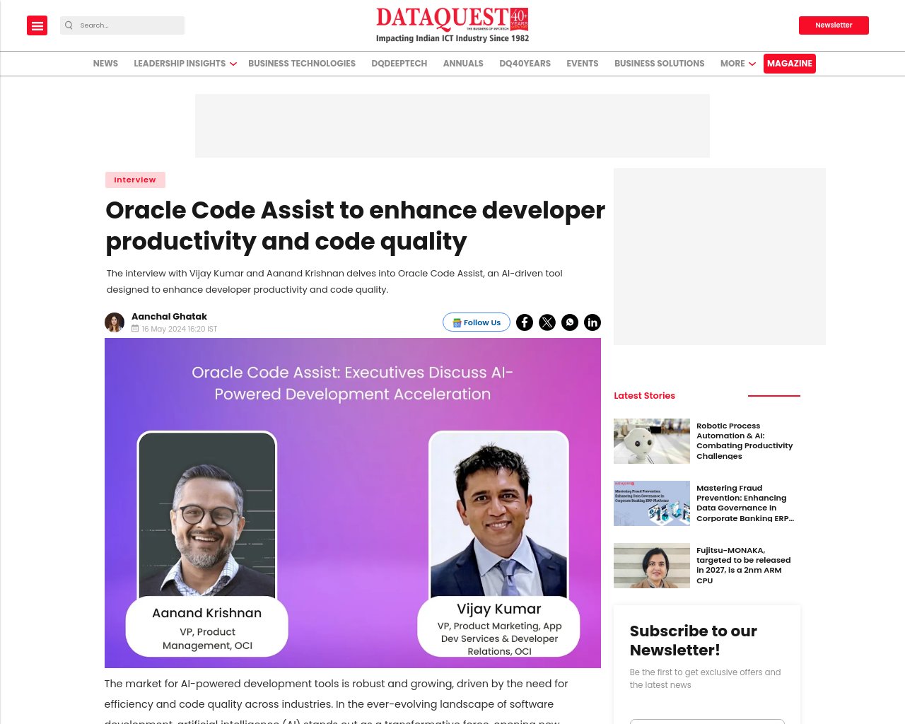 managetech_inc's tweet card. Oracle Code Assistは、内部開発者に大きな利益をもたらし、文書化やユニットテスト生成を効率化し