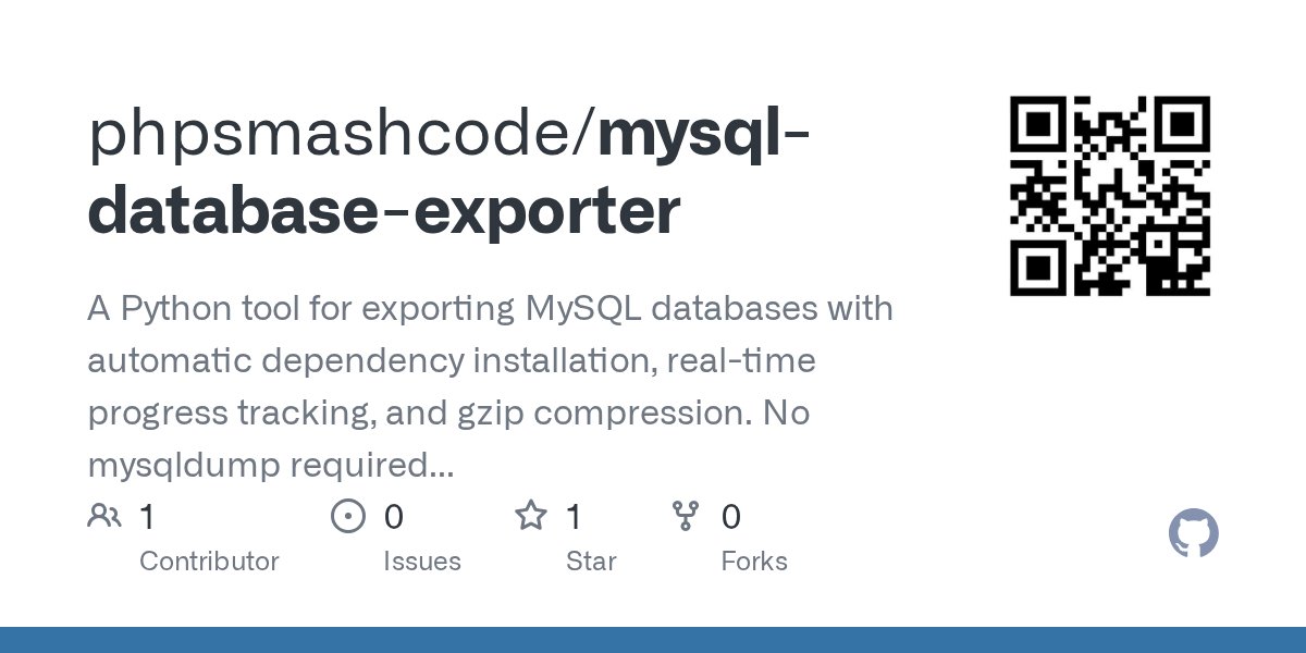 phpsmashcode's tweet card. A Python tool for exporting MySQL databases with automatic dependency installation, real-time progress tracking, and gzip compression. No mysqldump required - works with local and cloud databases (...