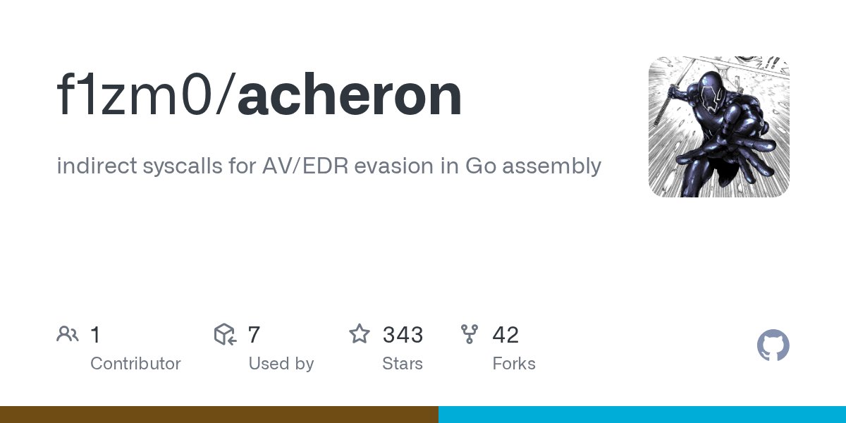 f1zm0's tweet card. indirect syscalls for AV/EDR evasion in Go assembly - f1zm0/acheron
