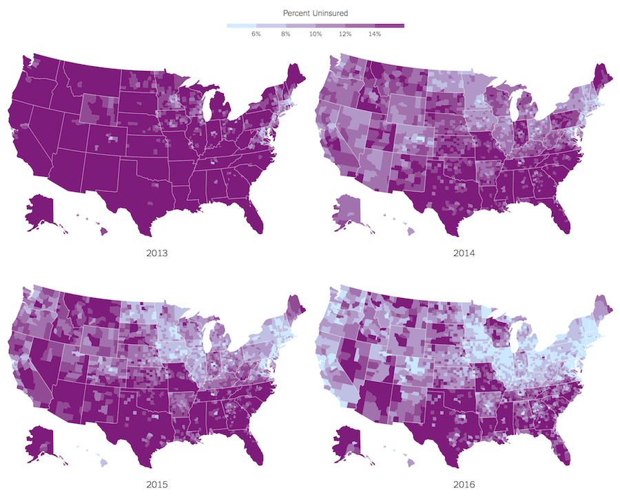 myVisualization's tweet card. It’s been three years since the Affordable Health Care Act. Margot Sanger-Katz and Quoctrung Bui for The Upshot look at how this changed the percentage of those who were uninsured in this cou…