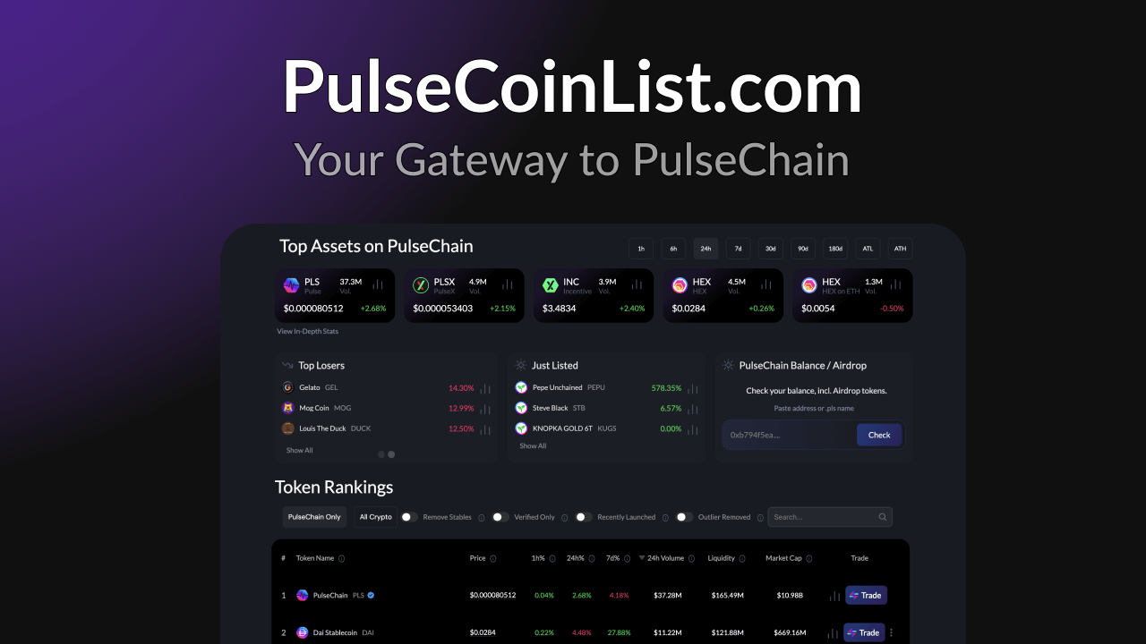 PulseCoinList's tweet card. Discover and track PulseChain tokens with real-time prices, 24h volume, market caps & comprehensive analytics. Access live PLS, HEX, PLSX data, verified token rankings, portfolio tracking, and...