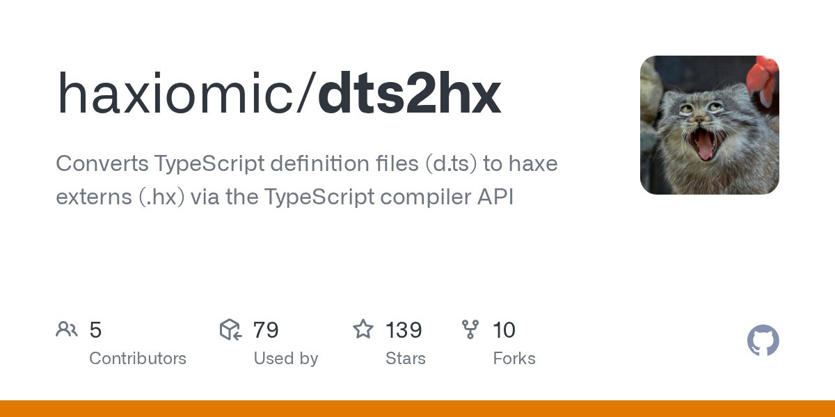 oss_haxe's tweet card. Converts TypeScript definition files (d.ts) to haxe externs (.hx) via the TypeScript compiler API - haxiomic/dts2hx