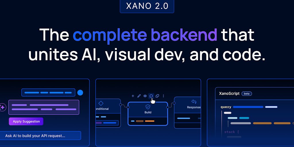nocodebackend's tweet card. Xano is the unified backend for the AI era, built to move beyond vibe-coded prototypes into production-grade applications. More than a database, it lets you build and orchestrate apps, AI agents, and...
