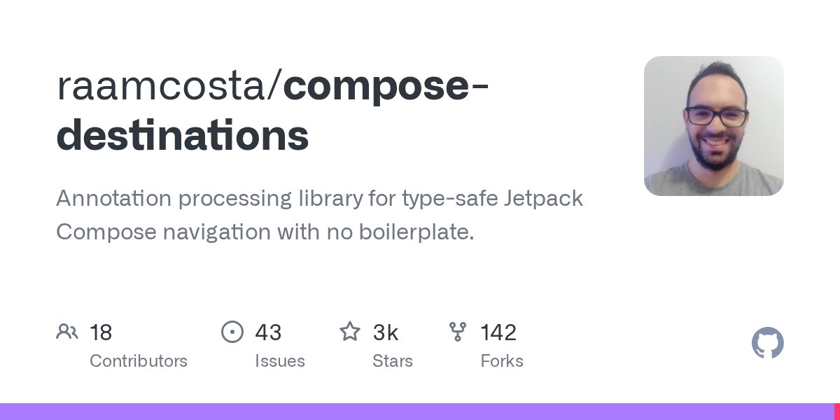 ComposeJetpack's tweet card. Annotation processing library for type-safe Jetpack Compose navigation with no boilerplate. - raamcosta/compose-destinations