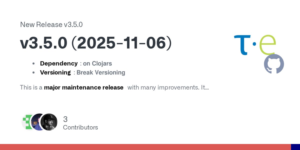 ptaoussanis's tweet card. Dependency: on Clojars Versioning: Break Versioning This is a major maintenance release with many improvements. It includes a breaking change regarding Carmine's logging. Please report any une...
