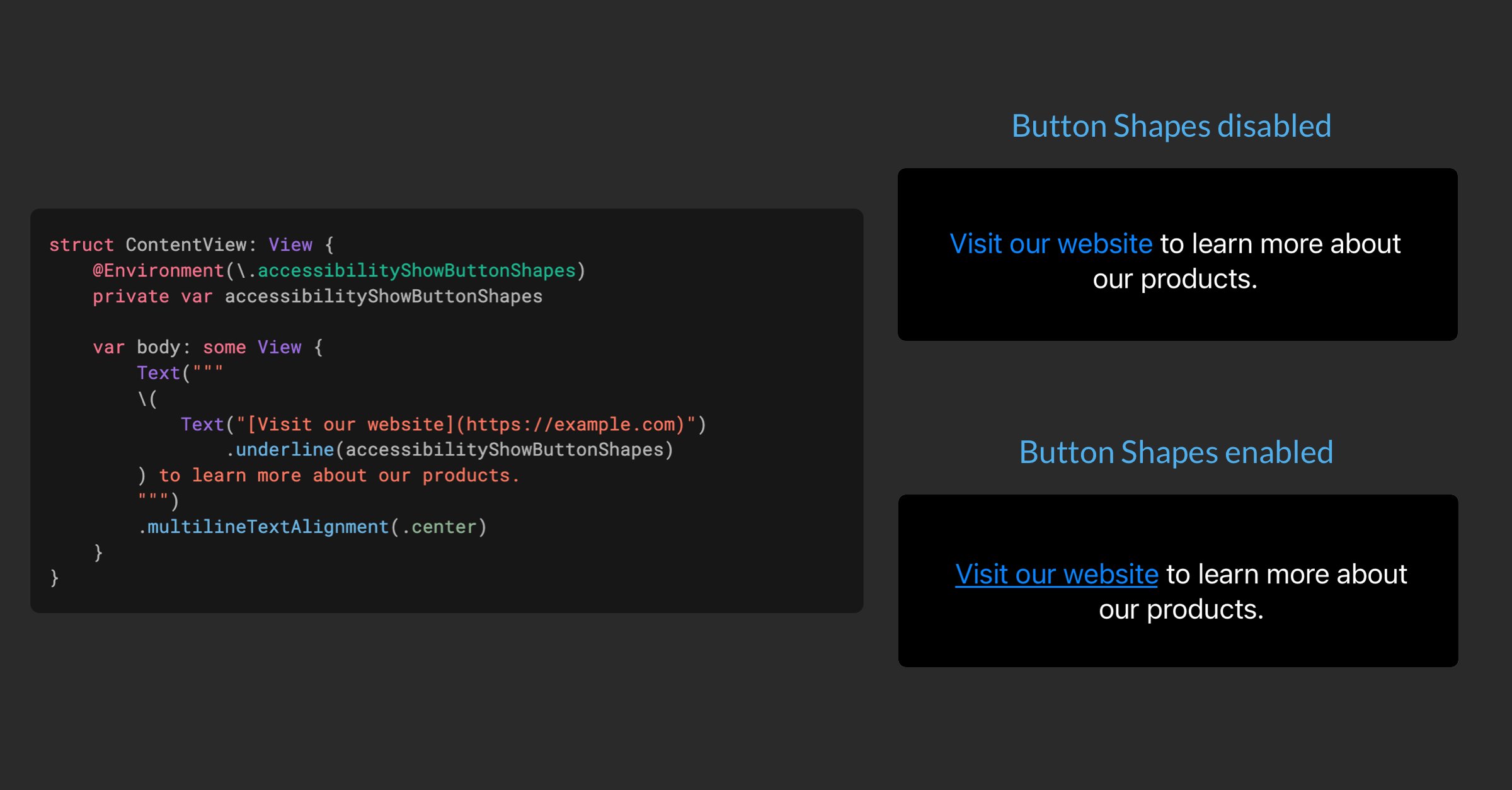 natpanferova's tweet card. Use the accessibilityShowButtonShapes environment value to change the appearance of custom buttons and links embedded in Text views to make them more accessible.