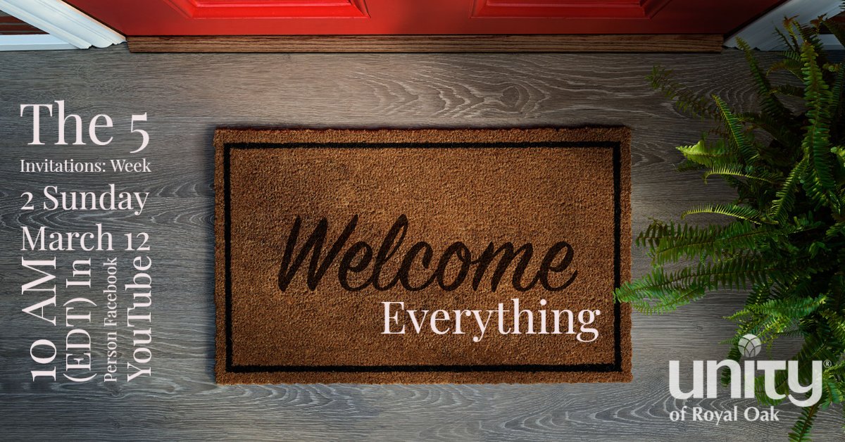 UnityRo's tweet card. Join us on Sunday for Week 2 of our new series based on The 5 Invitations. Penny Wells is our musical guest. In Person | Facebook | YouTube