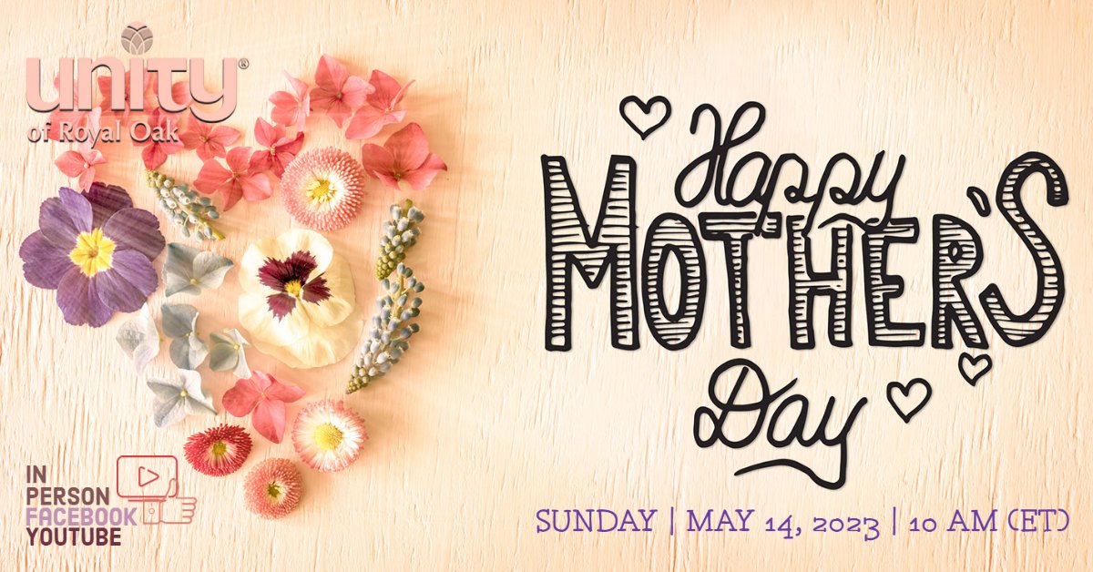 UnityRo's tweet card. Celebrate Mom's Day with URO. Join us @ 10 AM for an exploration of the Divine Feminine with special music and treats for moms. In Person, Facebook, YouTube