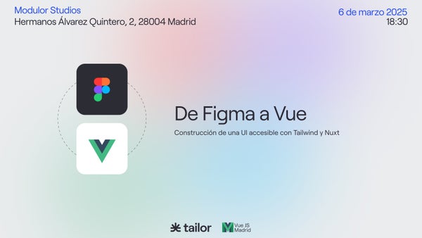 VueJSMadrid's tweet card. ¡Vuelvemos este año con una charla para reconciliarnos con nuestros diseñadores! no te pierdas este evento en persona donde además contaremos con algo de catering para pico