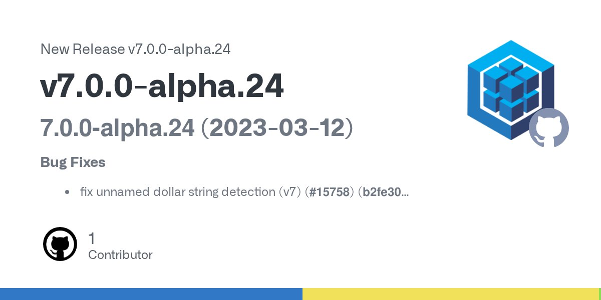 SequelizeJS's tweet card. 7.0.0-alpha.24 (2023-03-12) Bug Fixes fix unnamed dollar string detection (v7) (#15758) (b2fe30f) fix various type issues (#15765) (26beda5) postgres: fix sync with alter option fails with existin...
