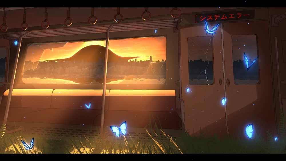 PerwaizIqbal6's tweet card. The train has stopped, but the world keeps moving. Through the shattered glass, the last light of dawn spills across the empty seats — and from the silence, blue butterflies rise, carrying fragments...