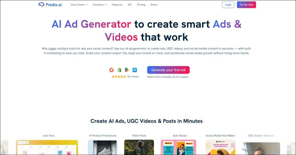 businessaisite's tweet card. Predis AI generates social posts, captions, short videos, hashtags, and ad creatives with AI, predicts post performance, and schedules or auto-publishes across platforms.