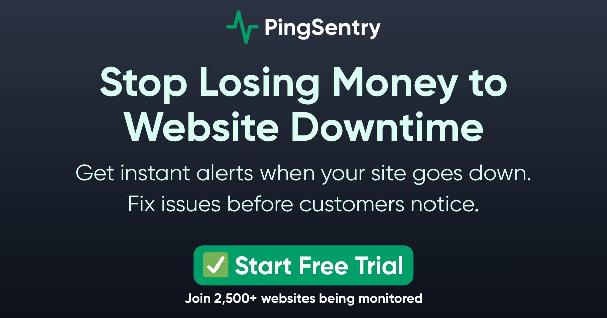 PingSentryUK's tweet card. 3 essential monitors in 1 platform: Uptime tracking, SSL certificate monitoring, and domain expiry alerts. Keep your website secure and online 24/7.