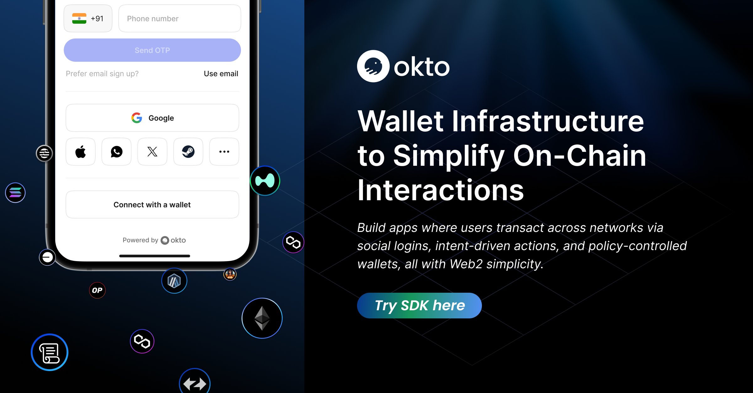okto_web3's tweet card. Okto's wallet infrastructure abstracts chains, liquidity, and gas—letting developers build apps where users transact across networks via social logins, intent-driven actions, and policy-controlled...