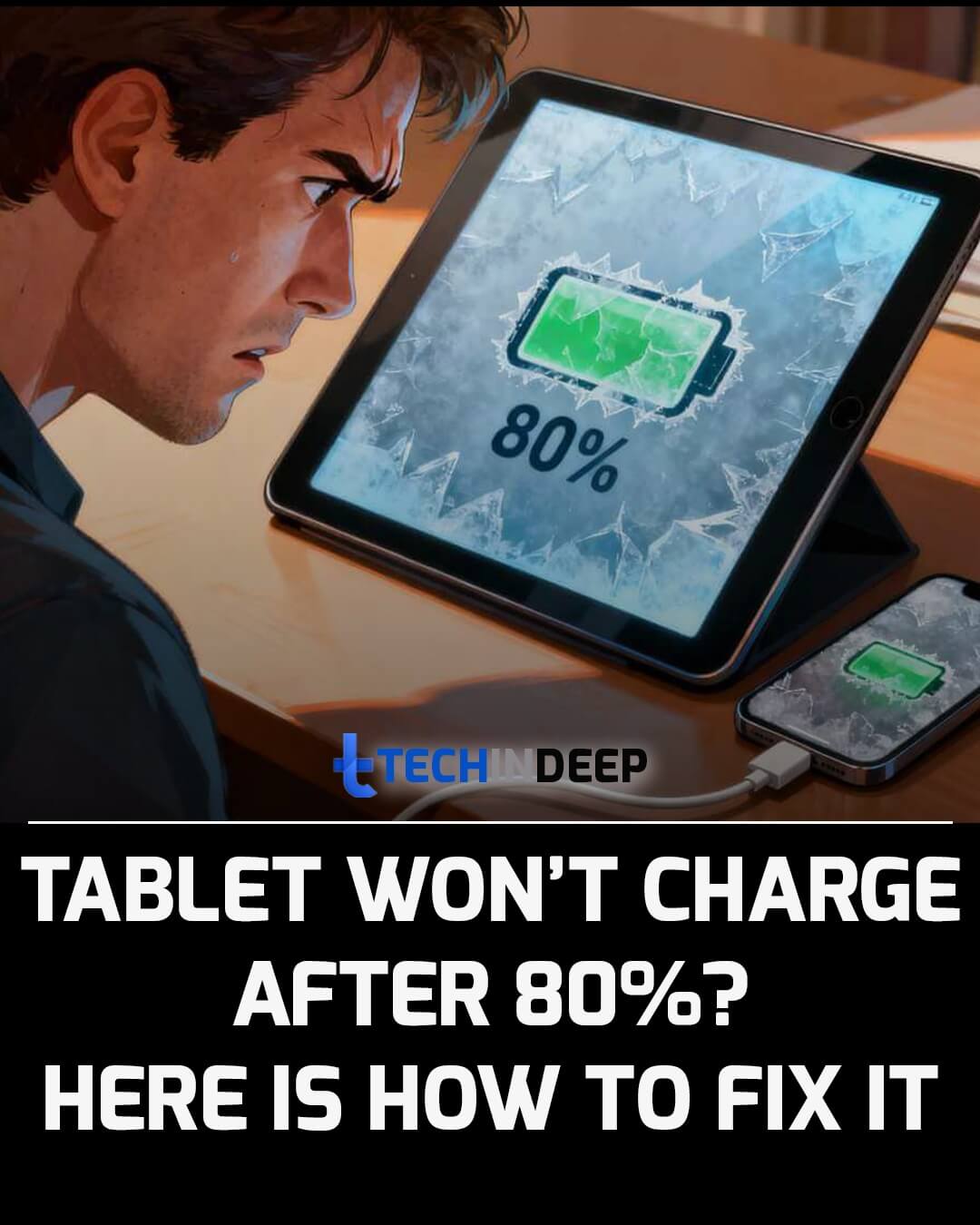 TechinDeep's tweet card. Discover why your tablet won't charge past 80%. Learn about firmware updates, battery calibration, and expert repair solutions to restore full functionality.