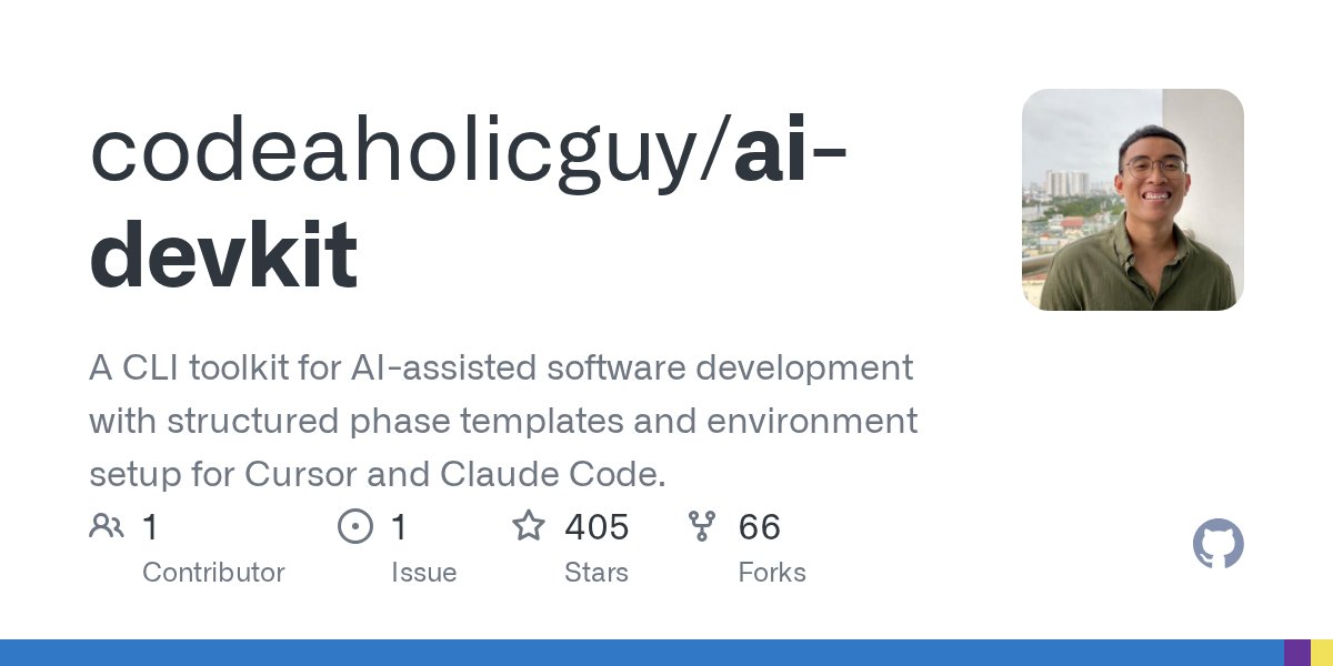 codeaholicguy's tweet card. A CLI toolkit for AI-assisted software development with structured phase templates and environment setup for Cursor and Claude Code. - codeaholicguy/ai-devkit