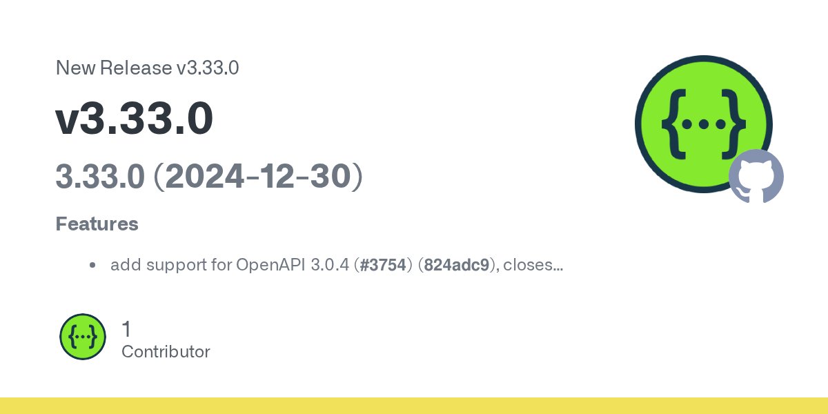 SwaggerApi's tweet card. 3.33.0 (2024-12-30) Features add support for OpenAPI 3.0.4 (#3754) (824adc9), closes #3753