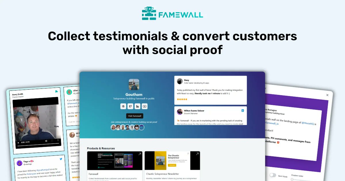 aiandnocode's tweet card. Famewall is which helps you highlight & display social media, text, video testimonials seamlessly & automates collecting them from customers