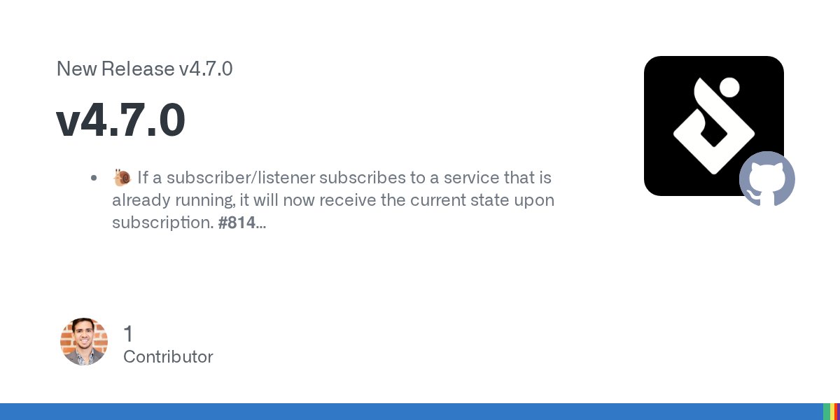 DavidKPiano's tweet card. 🐌 If a subscriber/listener subscribes to a service that is already running, it will now receive the current state upon subscription. #814 🆙 The new escalate() action creator escalates custom error...