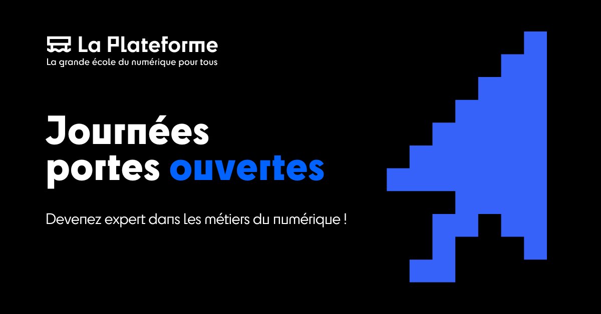 LaPlateformeIO's tweet card. Nos écoles vous ouvrent leurs portes ! Pendant les JPO nos équipes et nos étudiants seront présents pour vous faire découvrir La Plateforme !