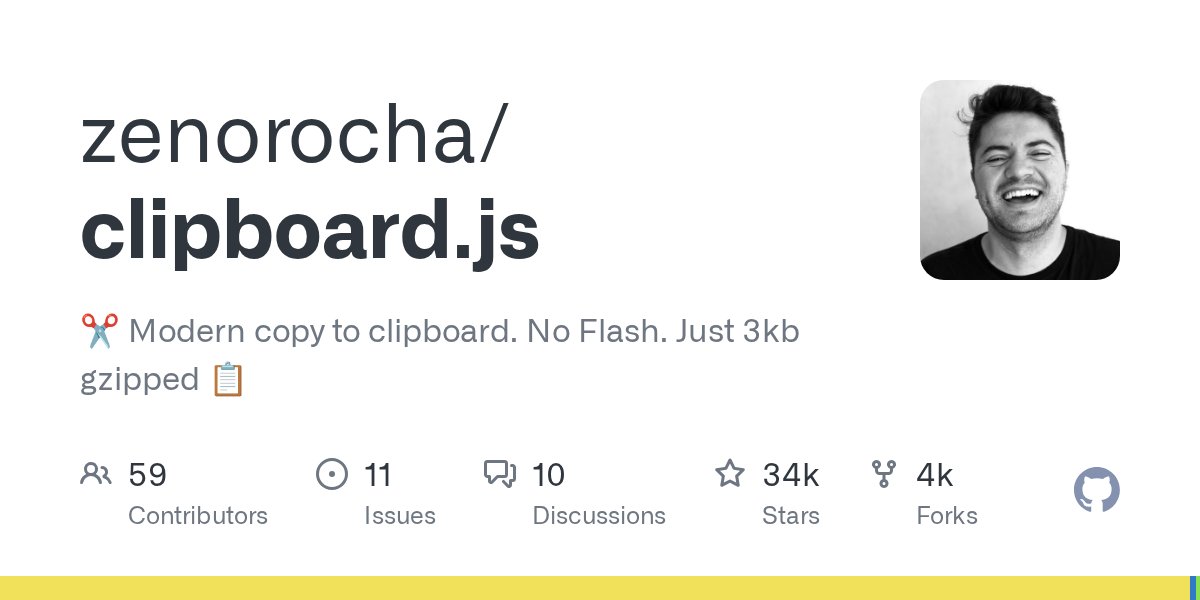 frontendbr's tweet card. :scissors: Modern copy to clipboard. No Flash. Just 3kb gzipped :clipboard: - zenorocha/clipboard.js
