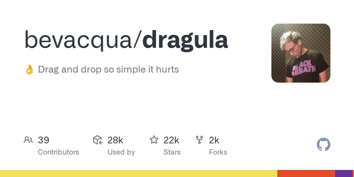 JavaScript20000's tweet card. :ok_hand: Drag and drop so simple it hurts. Contribute to bevacqua/dragula development by creating an account on GitHub.