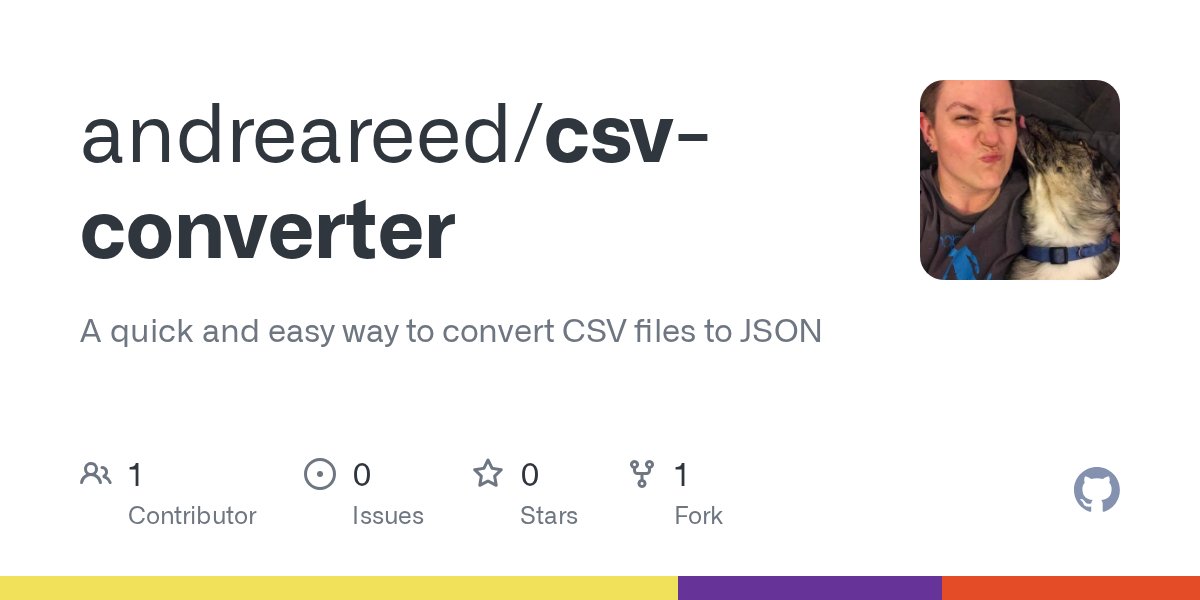 codeReed85's tweet card. A quick and easy way to convert CSV files to JSON. Contribute to andreareed/csv-converter development by creating an account on GitHub.