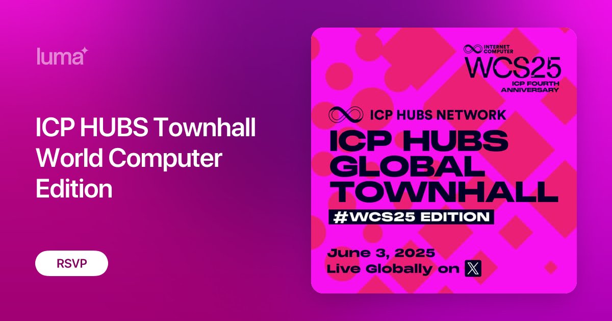 Mrfizzy_10's tweet card. ICP HUBS Townhall World Computer Edition 📍 Location: Online (Livestream) 📅 Date: June 3 🎥 Live from the World Computer Summit Join us for a Special…