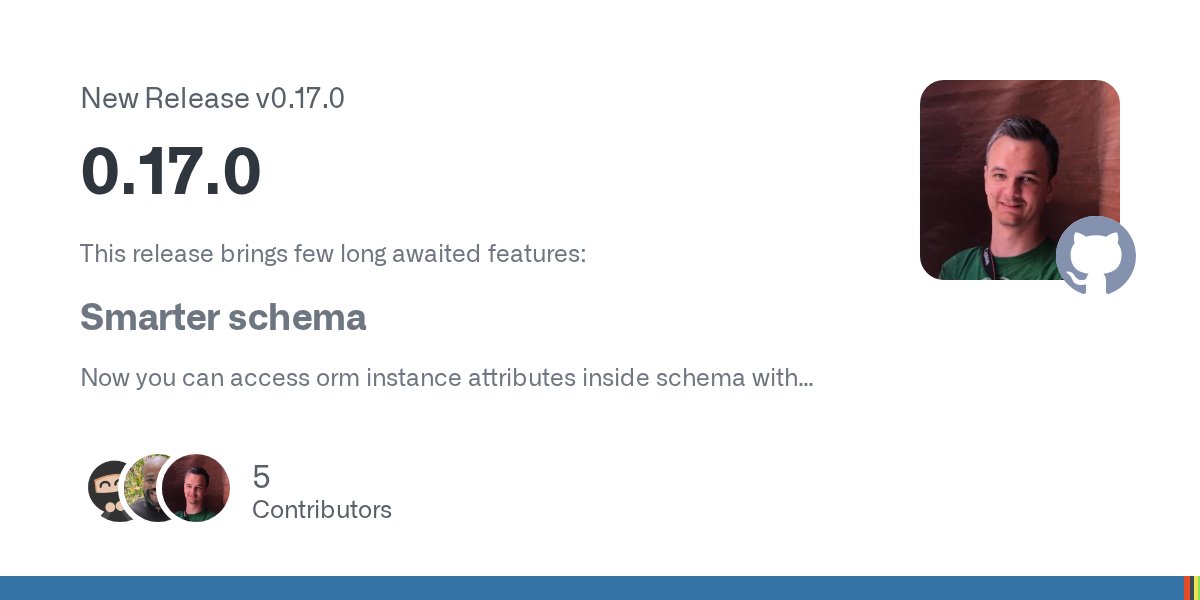 django_ninja's tweet card. This release brings few long awaited features: Smarter schema Now you can access orm instance attributes inside schema with resolvers: class TaskSchema(Schema): title: str is_completed: boo...