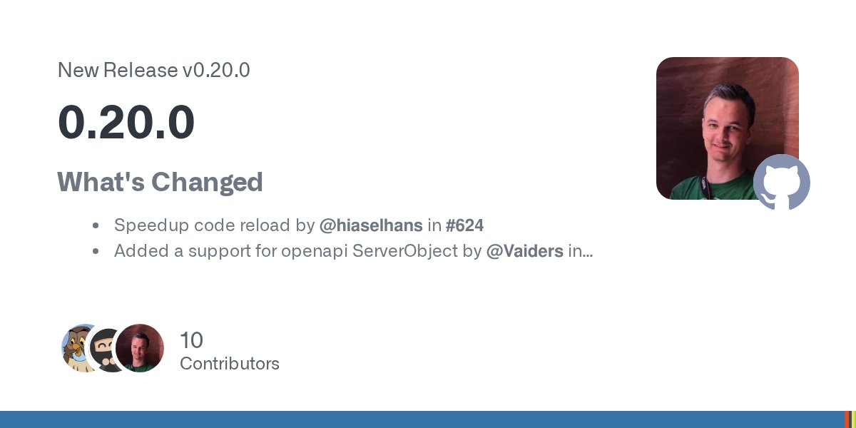 django_ninja's tweet card. What's Changed Speedup code reload by @hiaselhans in #624 Added a support for openapi ServerObject by @Vaiders in #574 Fix url_namespace -> urls_namespace msg by @SmileyChris in #519 add --...