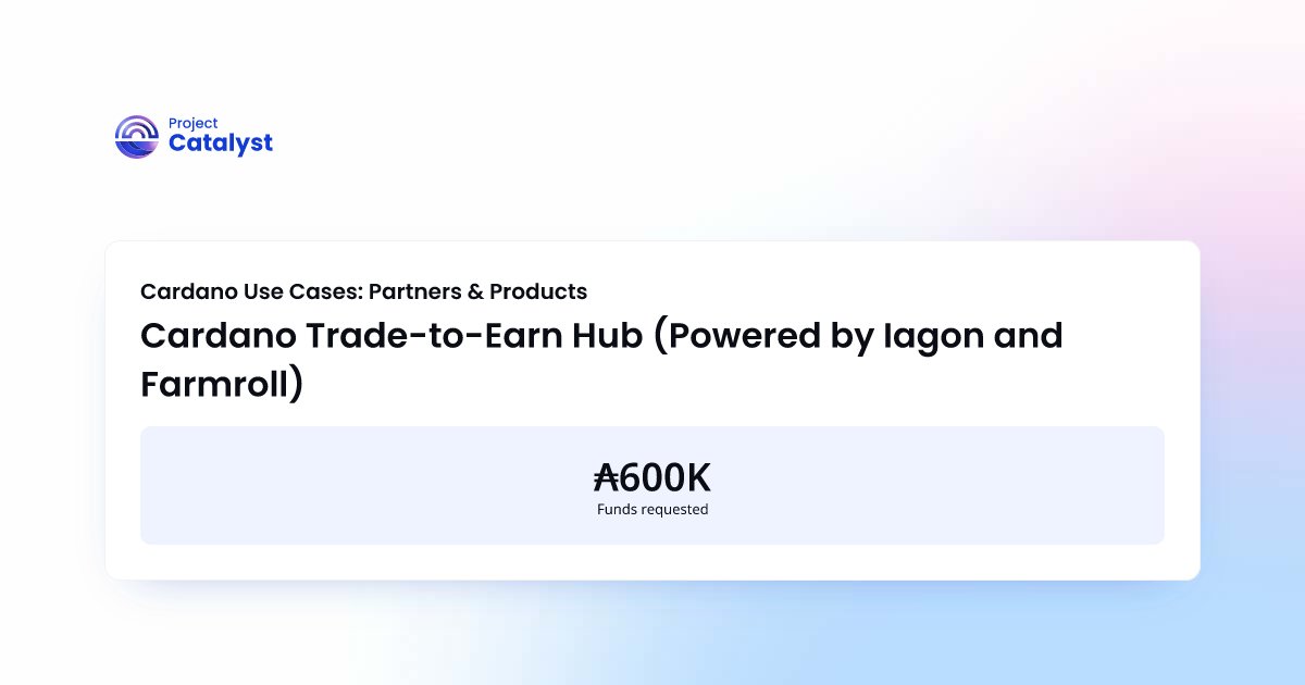 farmroll_io's tweet card. We will create a trade-to-earn platform where CEX trading is verified via API and rewarded with on-chain ADA/token payouts, boosting volume and engagement.