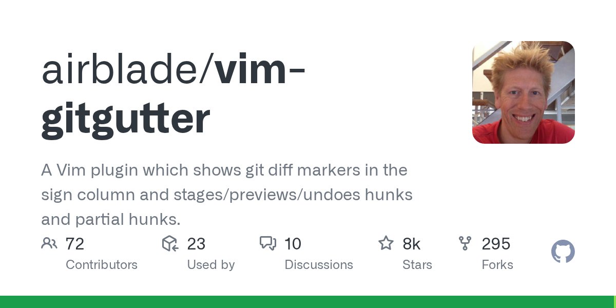 vim_master's tweet card. A Vim plugin which shows git diff markers in the sign column and stages/previews/undoes hunks and partial hunks. - airblade/vim-gitgutter