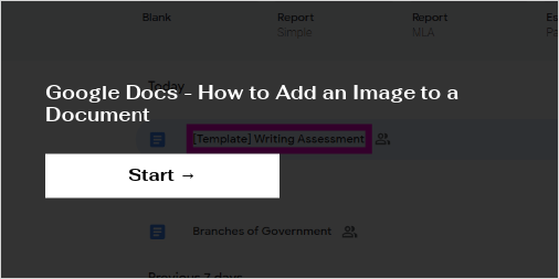 iorad's tweet card. The first step is to open a Google Doc or Start a New one. . Click Insert. With your mouse, hover Image►. Click to choose a location for where to get your image from: Upload from computer, Search the...