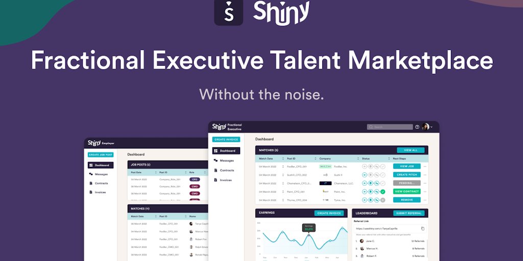 use_shiny's tweet card. Shiny matches startups and SMBs with vetted fractional executives. Our marketplace has 380+ CFOs, CMOs, CTOs, and COOs that can be hired for 2 to 20 hours per week. Top startups including Jeeves,...
