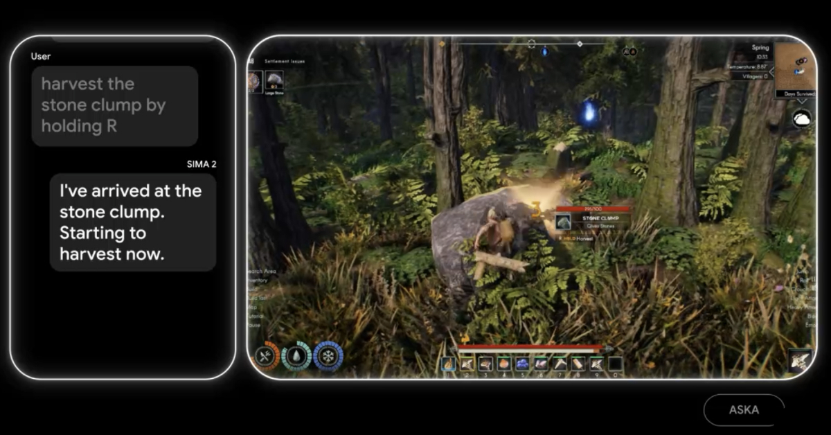 Mirai_AI_Future's tweet card. Google DeepMindは、汎用AIエージェント「SIMA 2」の研究プレビューを公開した。Geminiを統合し、単なる指示実行者から思考・対話・自己改善が可能なゲームコンパニオンに進化した。訓練未対応のゲームでも汎化性能が向上し、AGIに向けた一歩と位置づけている。