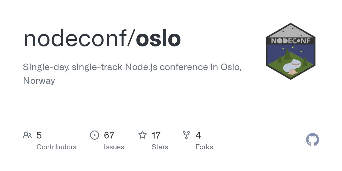 nodeconfoslo's tweet card. Single-day, single-track Node.js conference in Oslo, Norway - nodeconf/oslo