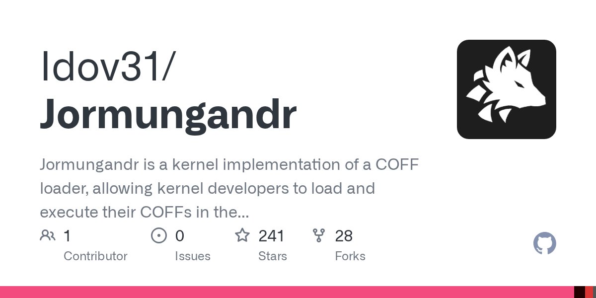 Idov31's tweet card. Jormungandr is a kernel implementation of a COFF loader, allowing kernel developers to load and execute their COFFs in the kernel. - GitHub - Idov31/Jormungandr: Jormungandr is a kernel implementa...