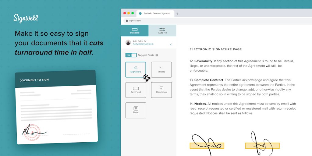 SignWellApp's tweet card. Getting your documents signed should be easy and affordable, without any hassle. Simplify the document signing process and spend less time chasing signatures with SignWell’s legally-binding e-signa...