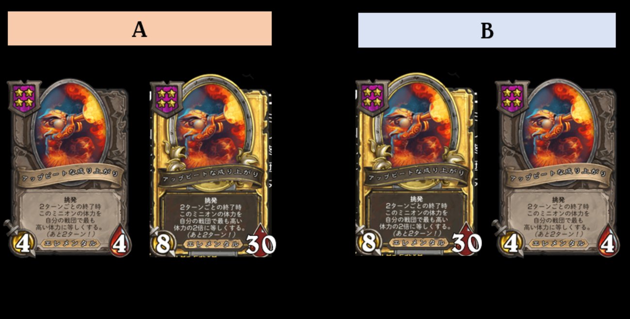 sato9kado_hs's tweet card. 問1：チュートリアル このターンに手に入れた「アップビートな成り上がり」と、そのゴールデンを持っています。正しい配置は下のどちらでしょうか。 ※1 いずれも、次のターンの終了時に効果が発動します。 ※2 次の戦闘を気にする必要はありません（初手降参のケルスザードに当たったと思ってください）。あくまで効果を最も効率よく発…