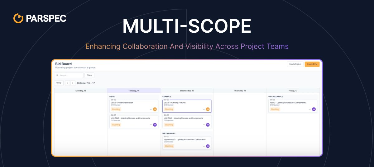 hello_parspec's tweet card. Streamline lighting and gear quoting with Multi-Scope. Improve collaboration, visibility, and reporting across every construction project.
