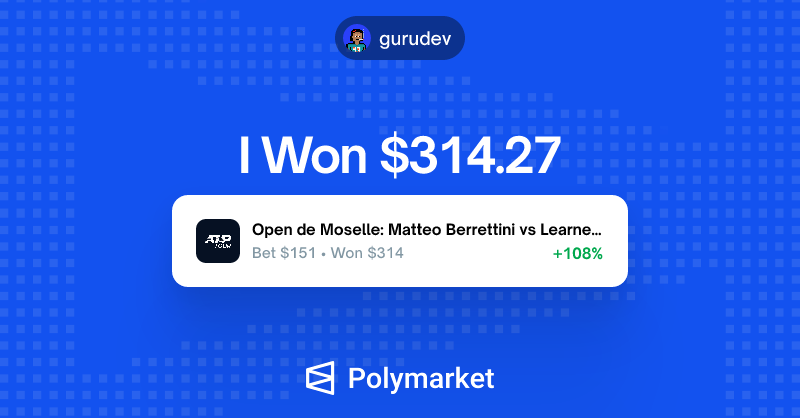 gurudevweb's tweet card. Check out my winning bets on Polymarket - I just redeemed $314.27 from 1 market.