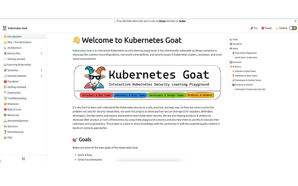 ruanbekker's tweet card. Kubernetes Goat is a "Vulnerable by Design" cluster environment to learn and practice Kubernetes security using an interactive hands-on playground 🚀 - madhuakula/kubernetes-goat