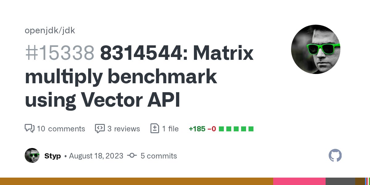 mstyp_ch's tweet card. Added a bunch of different implementations for Vector API Matrix Multiplications: Baseline Blocked (Cache Local) FMA Vector API Simple Implementation Vector API Blocked Implementation Commit was ...