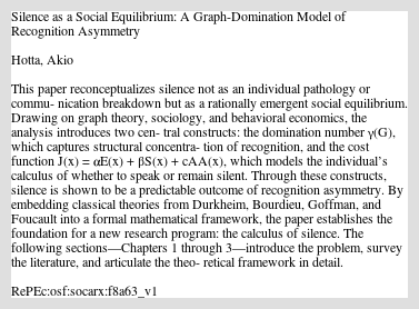 rui___costa's tweet card. This paper reconceptualizes silence not as an individual pathology or commu- nication breakdown but as a rationally emergent social equilibrium. Drawing on graph theory, sociology, and behavioral econ