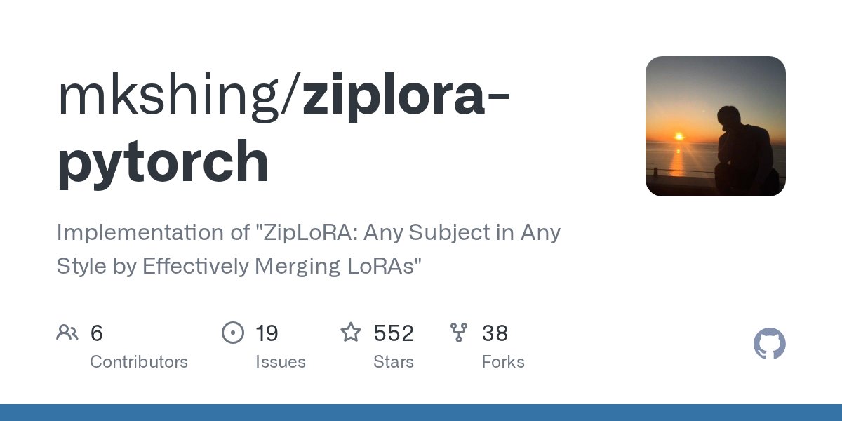 PyTorchPractice's tweet card. Implementation of "ZipLoRA: Any Subject in Any Style by Effectively Merging LoRAs" - mkshing/ziplora-pytorch